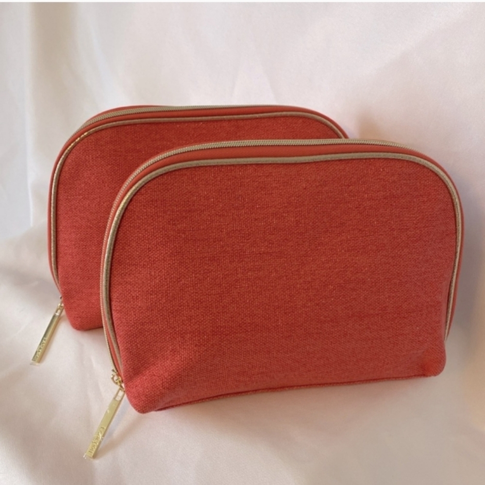 LANCOME Cosmetic Pouch Bag 1 Salmon Gold Zip Close Tweed Pattern Makeup NEW